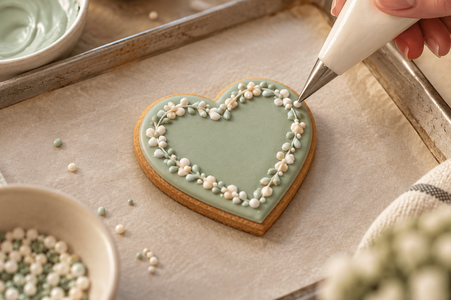 Biscuit en cœur glacé vert sauge en cours de décoration à la poche à douille