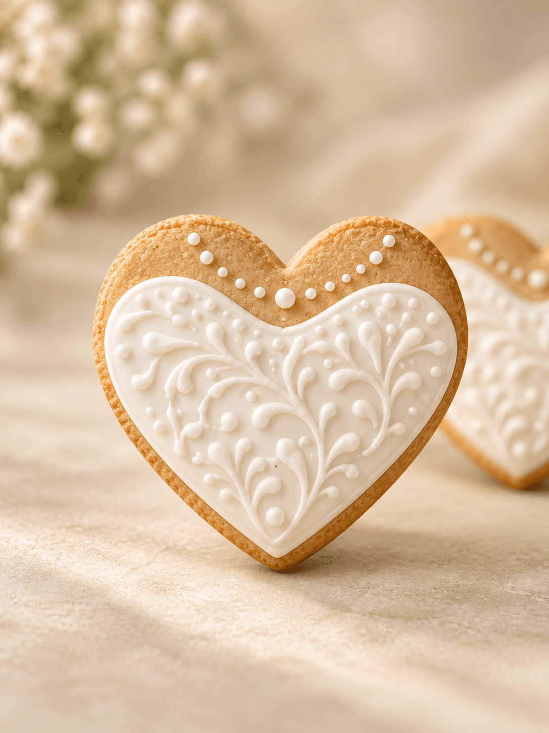 Biscuit en cœur glacé ivoire orné d'arabesques de dentelle en glace royale et d'un collier de perles