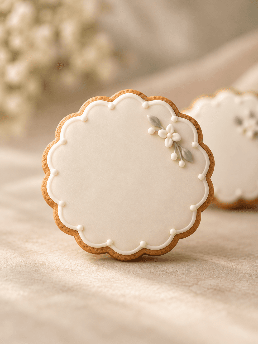 Biscuit médaillon festonné glacé ivoire, bordé de perles avec un brin fleuri vert sauge