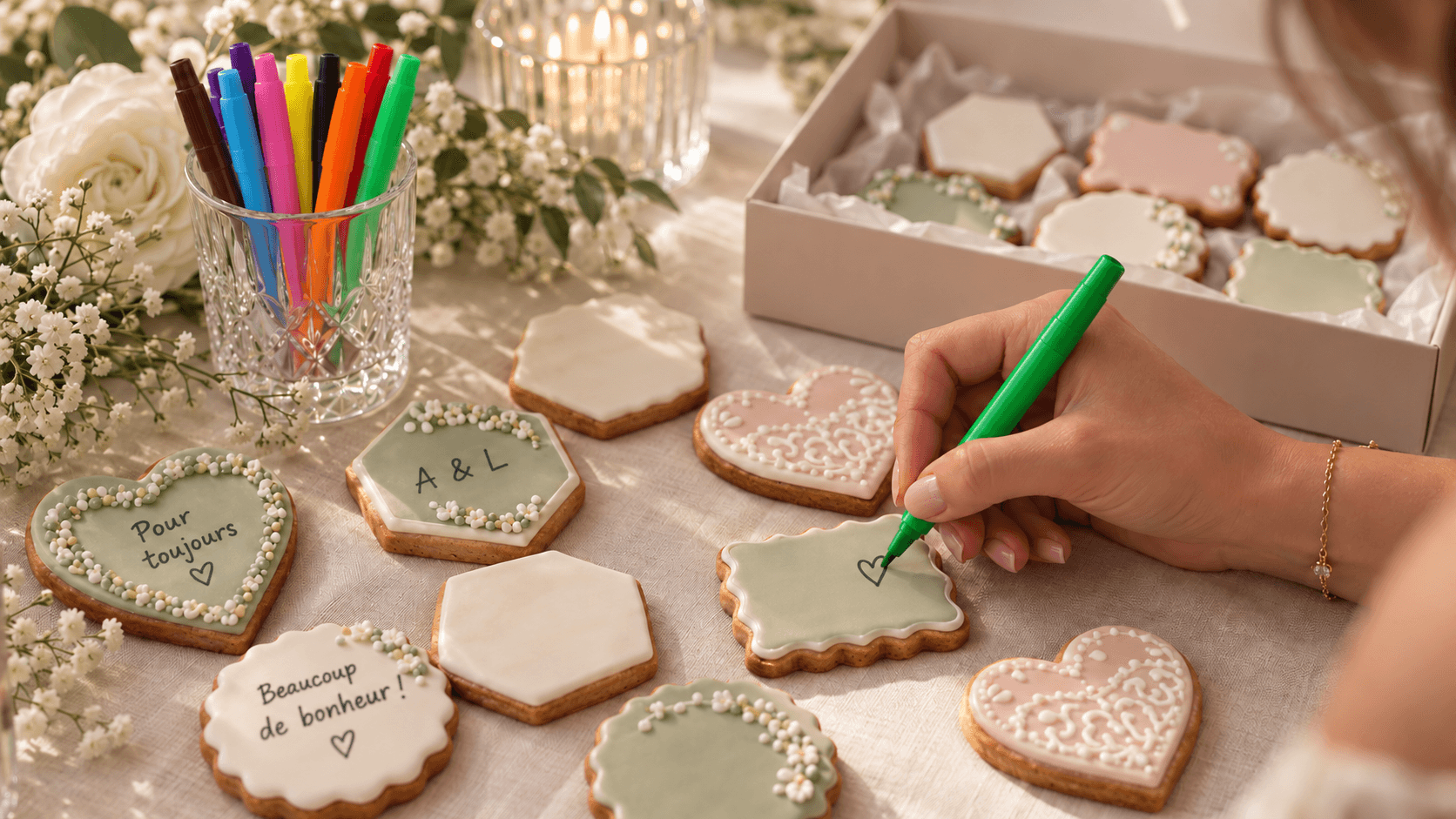 Invitée écrivant au stylo alimentaire vert sur un sablé glacé, entourée de sablés déjà écrits, de stylos de couleur et d'un coffret