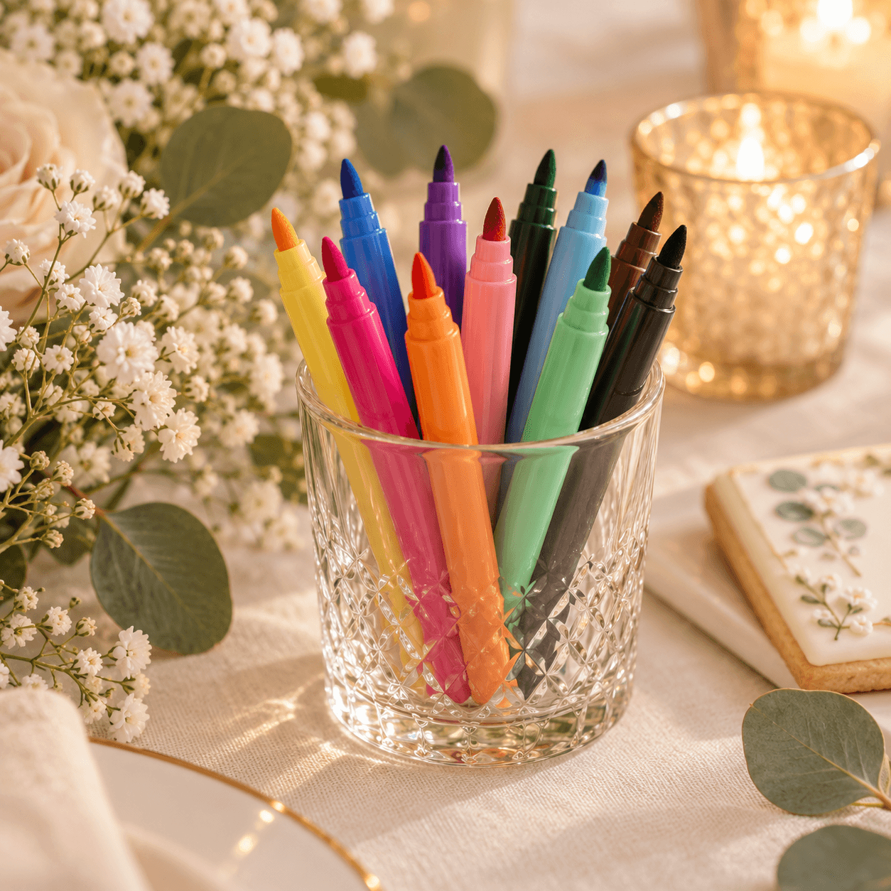 Verre en cristal rempli de stylos alimentaires de couleurs, à côté d'un sablé glacé