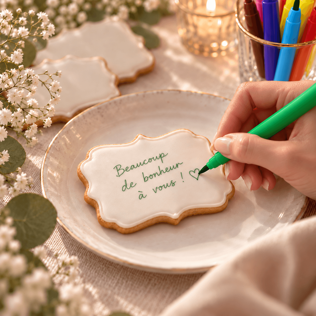 Main écrivant « Beaucoup de bonheur à vous ! » au stylo alimentaire vert sur un sablé glacé