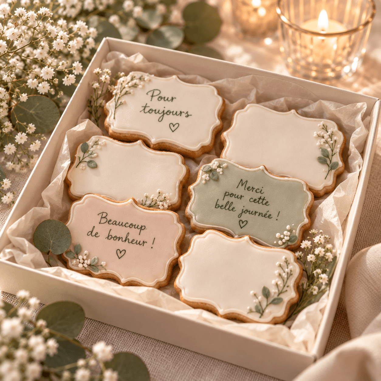 Coffret ouvert rempli de sablés glacés portant les messages des invités