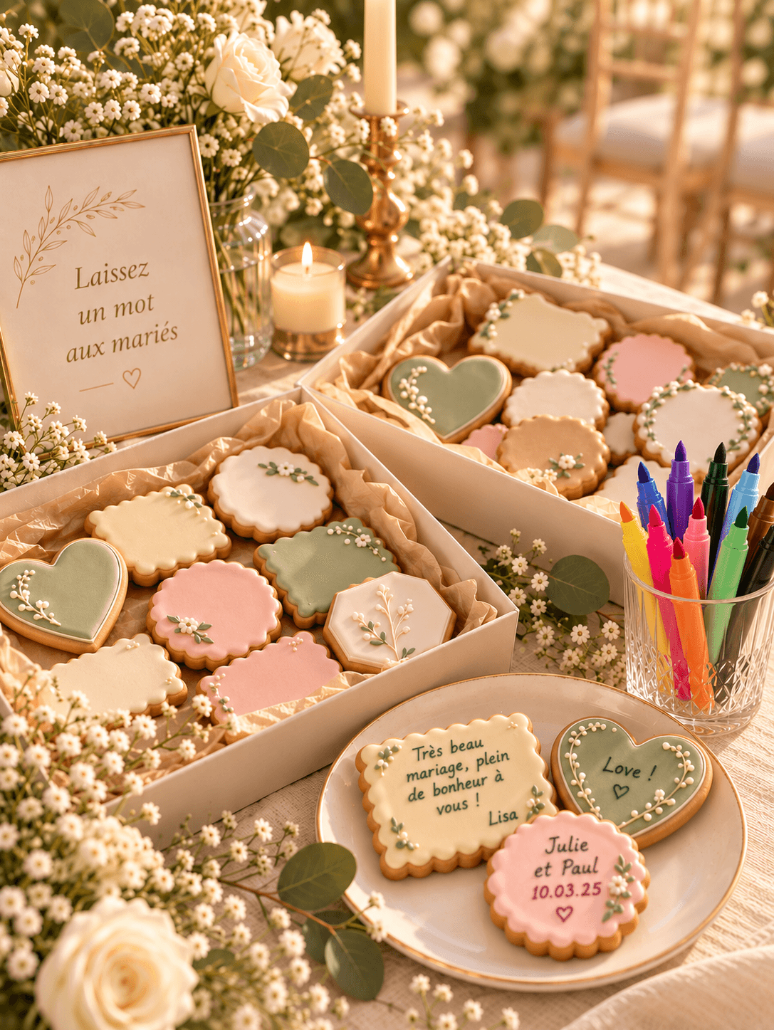 Table Sablé d'or : coffrets de sablés glacés, stylos alimentaires et assiette de sablés écrits par les invités
