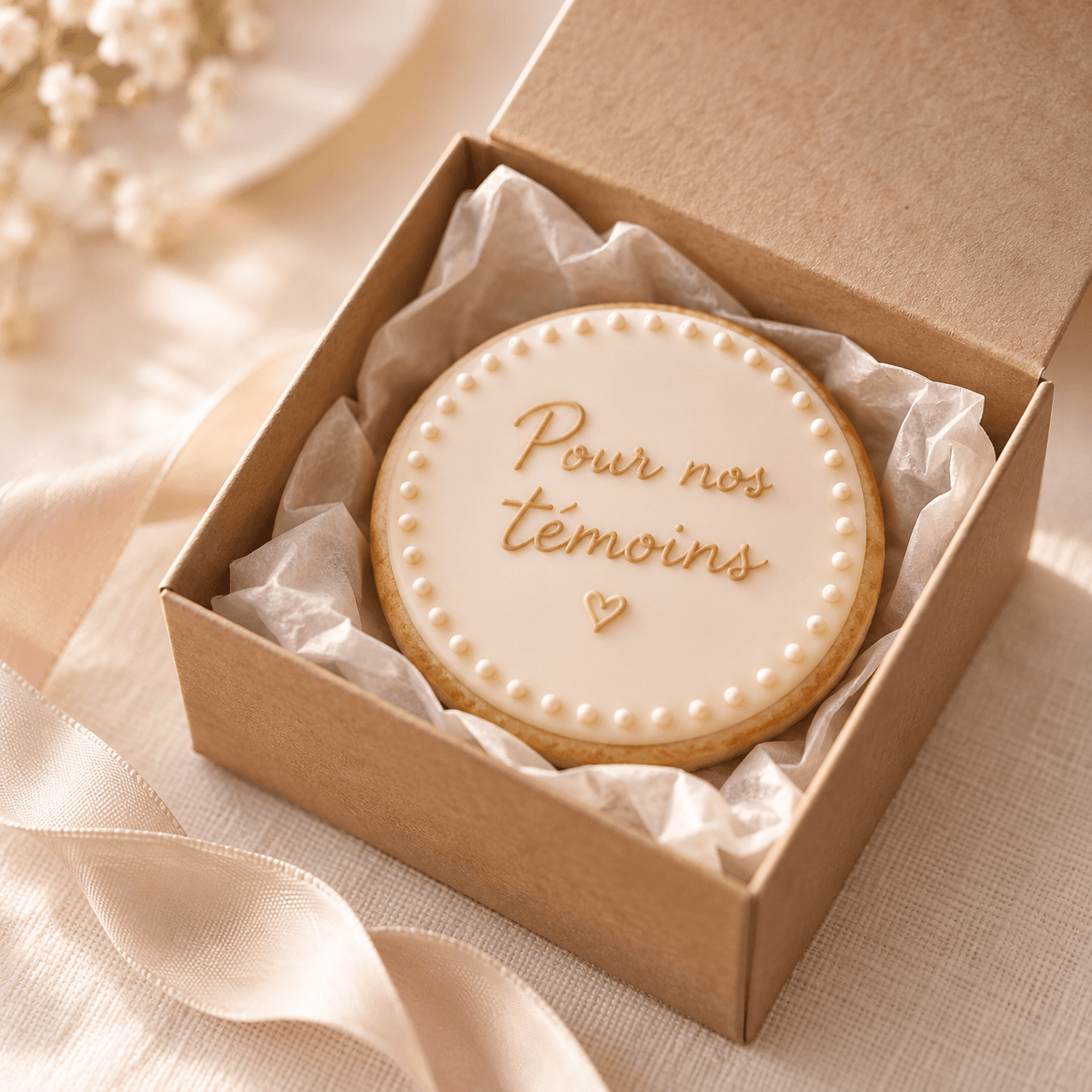 Biscuit « Pour nos témoins » dans une boîte kraft