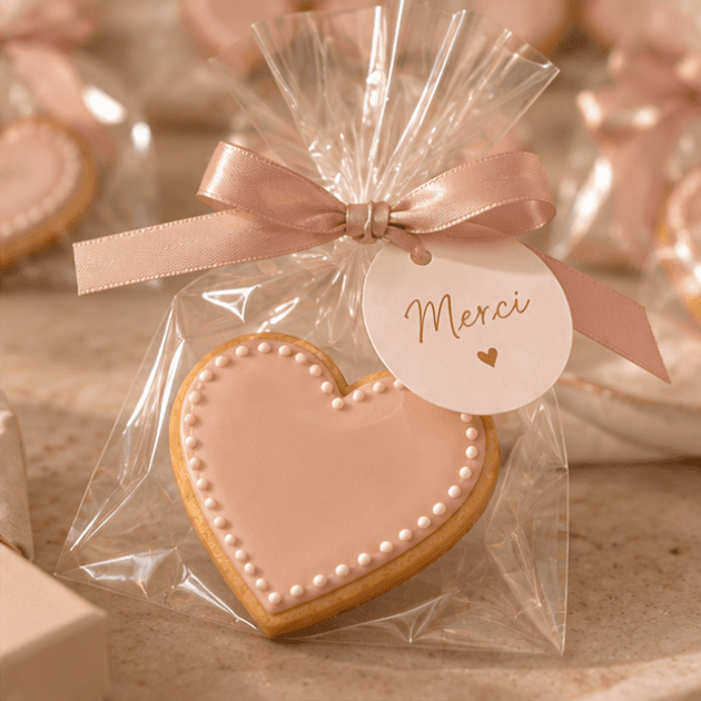 Biscuit en cœur rose poudré emballé en sachet avec une étiquette « Merci »
