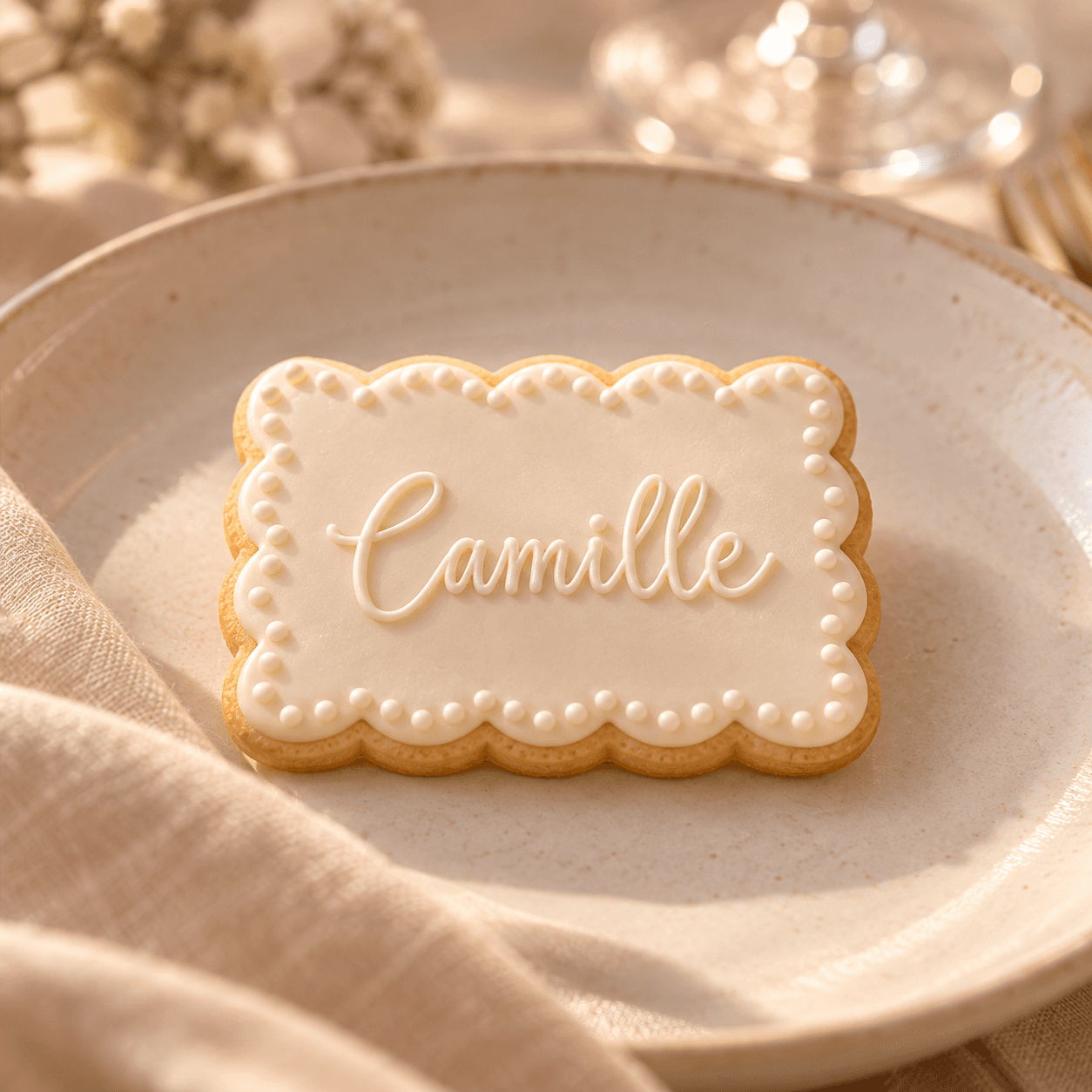Biscuit glacé ivoire au prénom « Camille » posé sur une assiette