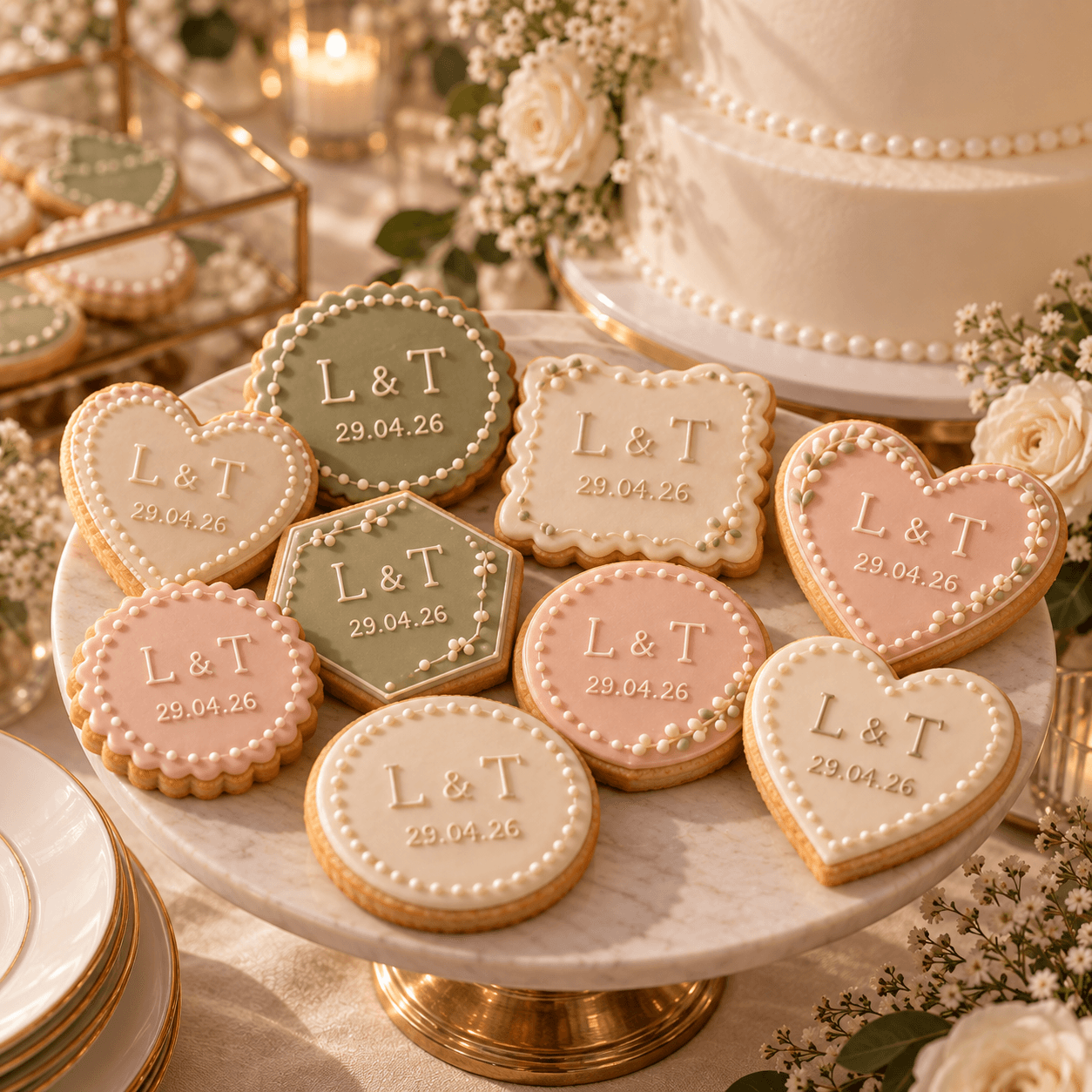 Présentoir de biscuits glacés aux initiales des mariés devant la pièce montée